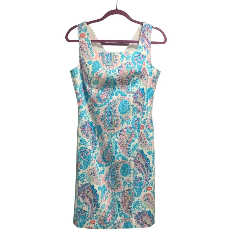 Talbots Womens Fresco Blue Pink Paisley White Square Neck Sleeveless Dress 6 NWT